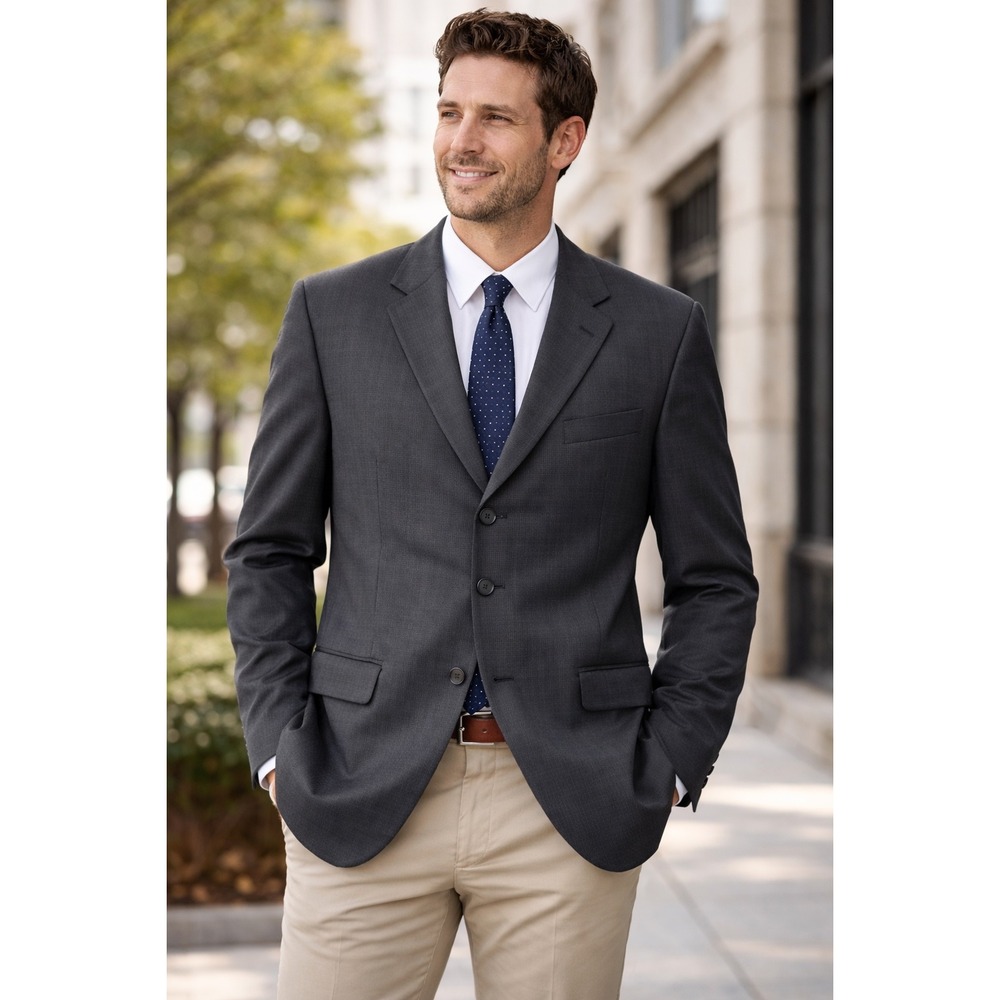 Jos A Bank Mens Wool Suit Jacket Blazer Charcoal Grey Three Button Made in Italy